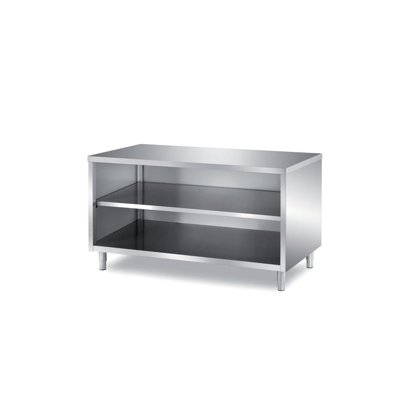 Tavolo a giorno con ripiano intermedio, senza alzatina posteriore. Prof. 60 - AISI 430, 140x60x85H, SENZA ruote