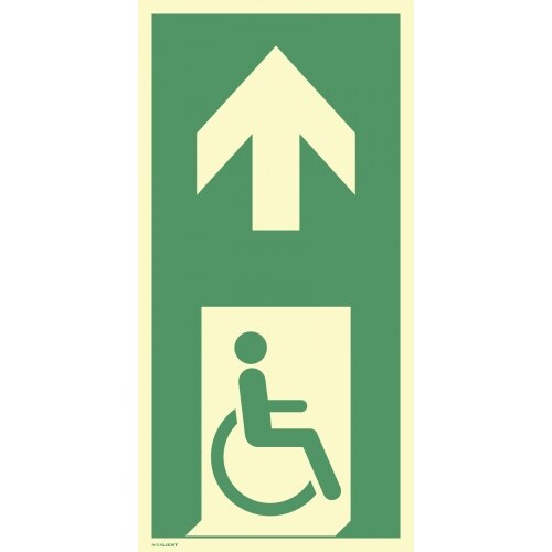Schild Notausgang f. gehbeeintr. Pers. rechts Pfeil oben, Alu,nachl.,160-mcd, 200x400mm