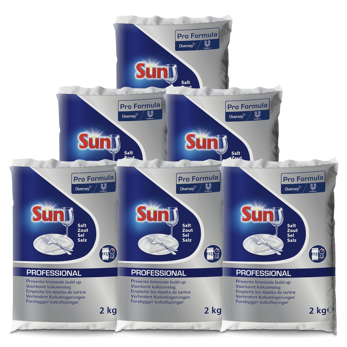 Sun Professional Salz, Regeneriersalz grobkörnig für die Wasserenthärtung in der Spülmaschine, 6 x 2kg Beutel