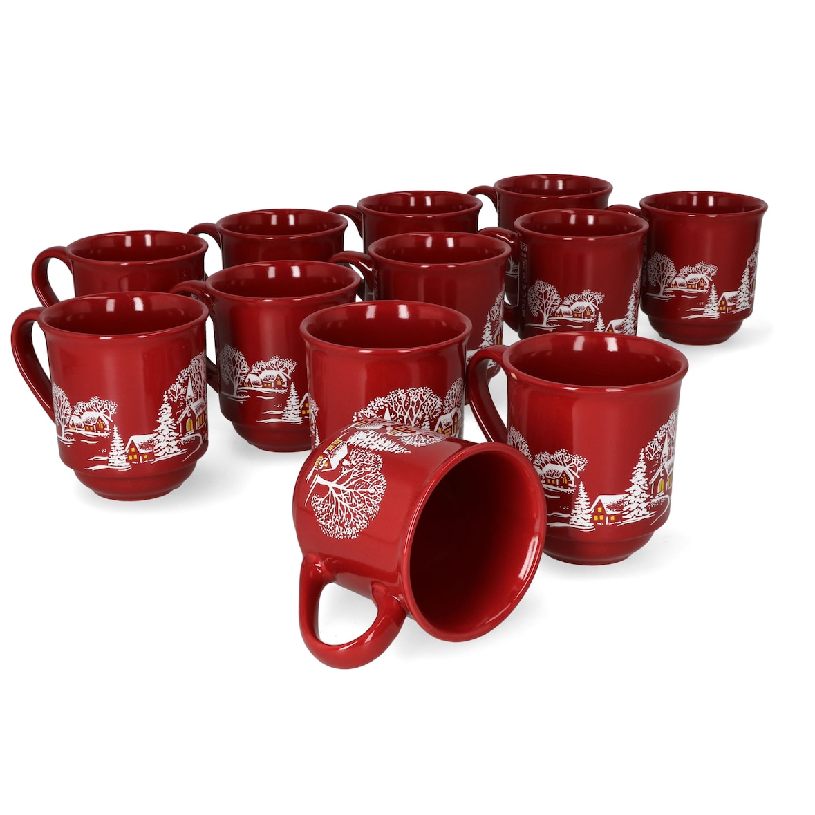 3160100 - 12er Set Glühweinbecher in dunkelrot mit Weihnachtslandschaft 0,2L geeicht