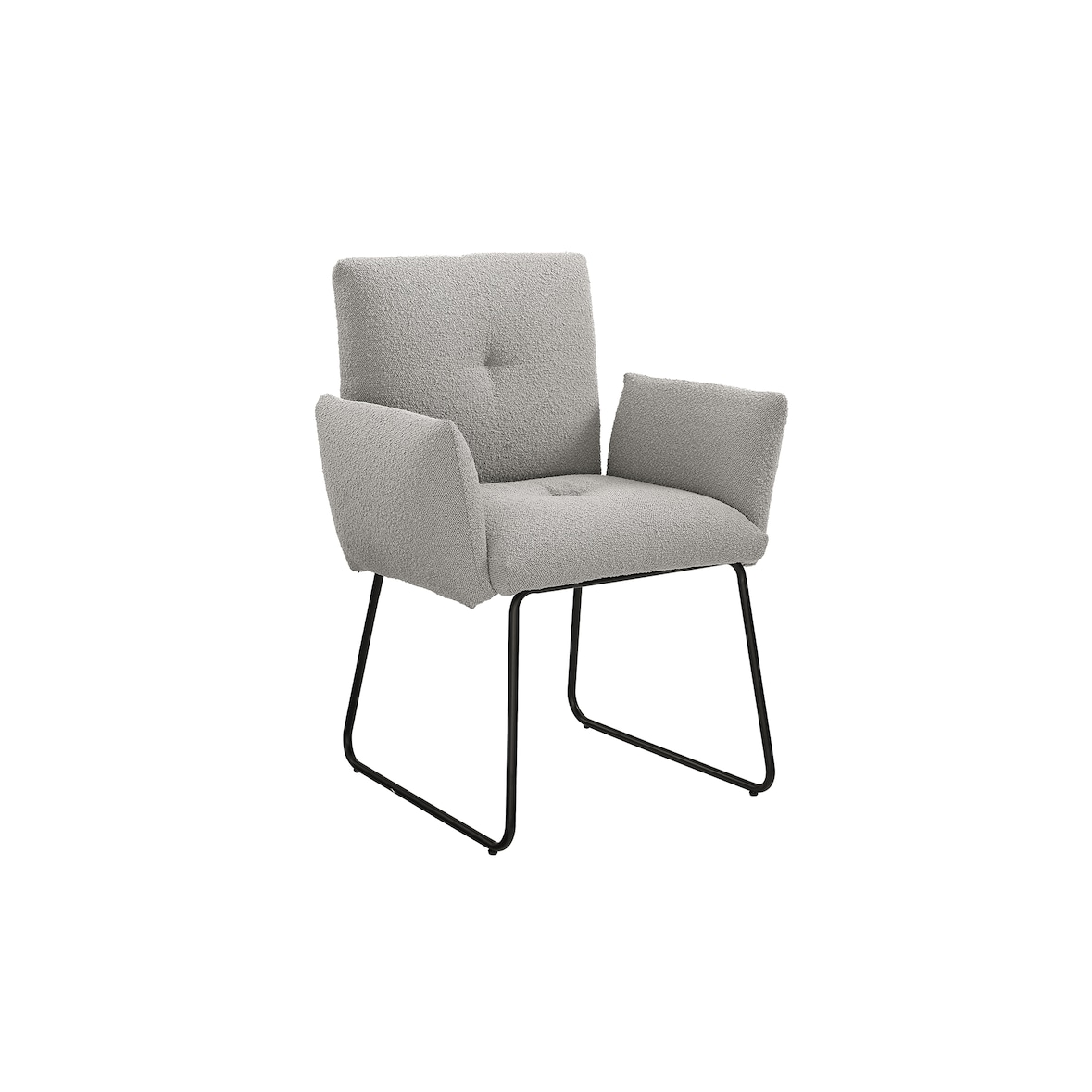 SalesFever Armlehnstuhl | mit Wellenunterfederung | Stuhlbezug Bouclé Stoff | Kufengestell Metall | B 73,5 x T 64,5 x H 87 cm |hellgrau – matt schwarz