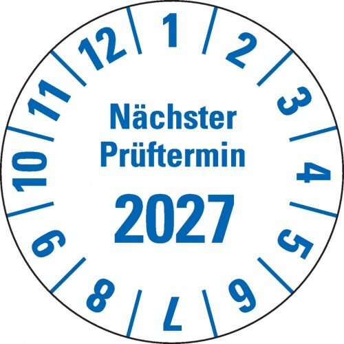 Dreifke® Prüfplakette Nä.Prüftermin 2027,weiß,Hochleistungsfolie,Oberflächensch.,Ø25mm,21 St/Bogen