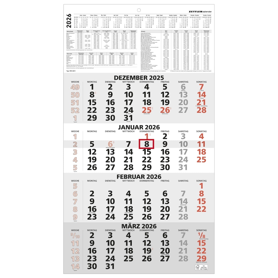 Viermonatskalender 959 33x59cm rot 2026