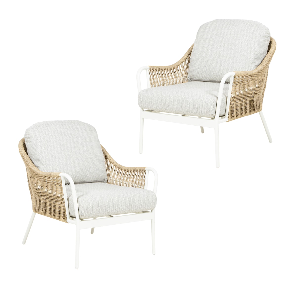 Pack 2 sillones para jardín, Ratán sintético tipo trenzado, Aluminio y ratán sintético redondo, Color Blanco envejecido, 48x57x89,5 cm