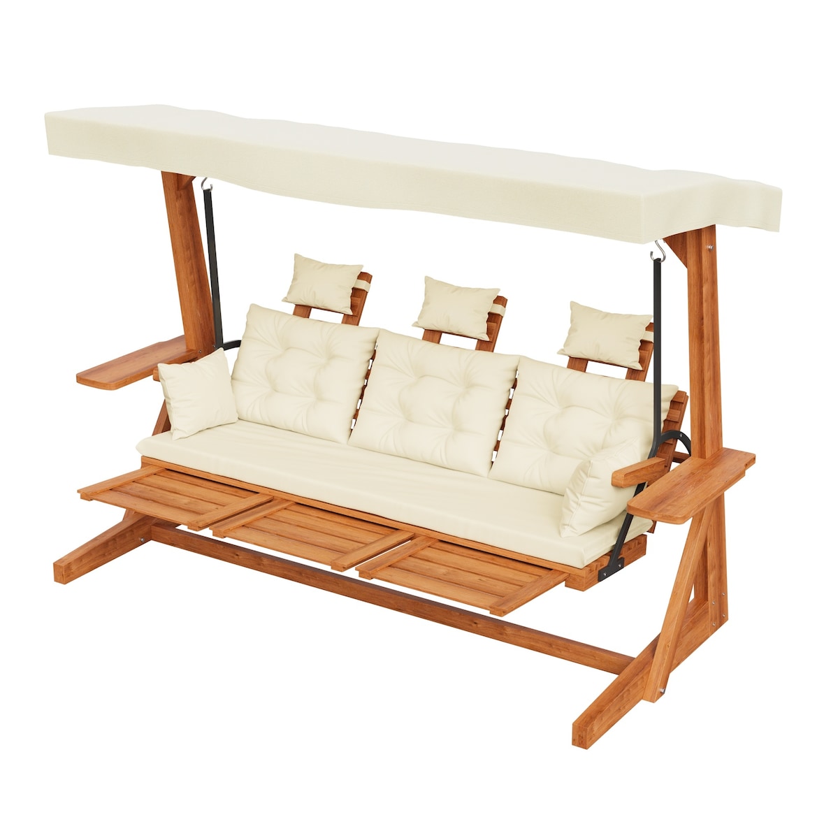Merax 3-Sitzer Hollywoodschaukel Lounge mit Getränkehalter & ausziehbare Fußstütze, Auflagen & Polyesterdach, Beige
