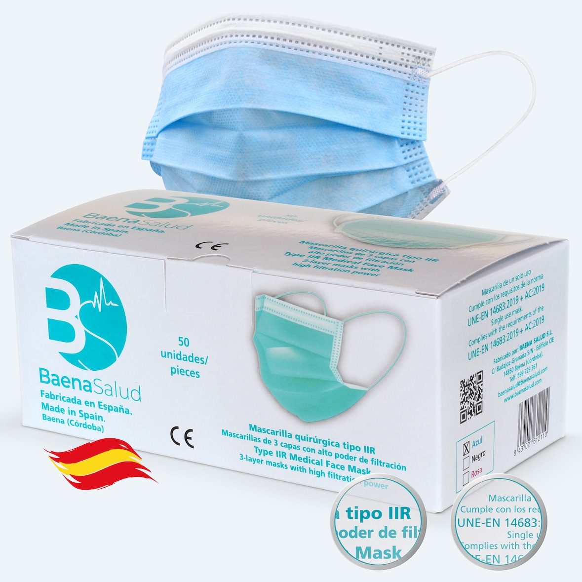 Baena Salud - 50 mascherine igieniche chirurgiche monouso, Tipo IIR, in blu, filtrazione (BFE) 98%