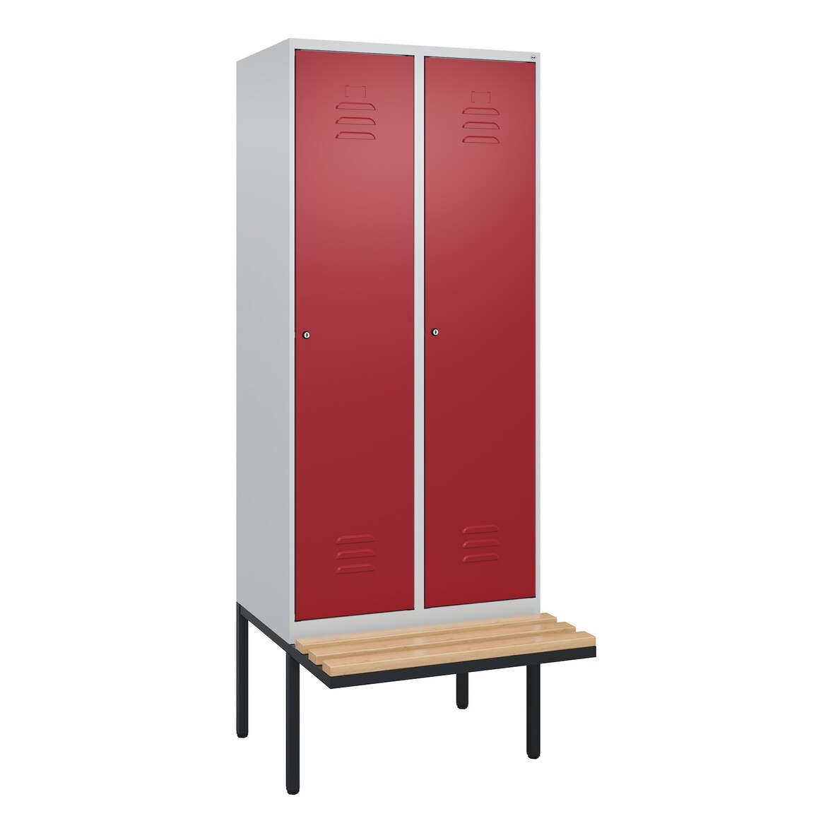 C+P Spind Classic PLUS, schwebender Sitzbank aus Buche 2 Abteile, HxBxT 212x80x82cm, Zylinderschloss, Hellgrau/Rubinrot von PROREGAL