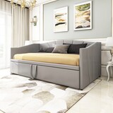 thumbnail of Ausziehbett 90x200 cm, erweiterbar auf 180x200 cm mit Lattenrost – Vielseitiges Polsterschlafsofa in Grau mit Samtbezug