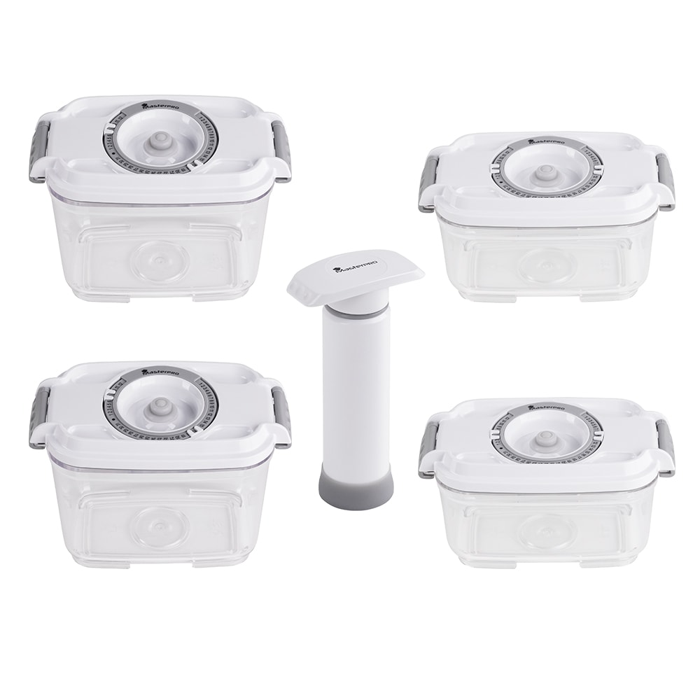 MASTERPRO Set 4 contenitori sottovuoto(2x500ml e 2x800ml) + estrattore sottovuoto manuale, congelatore e microonde, BPA Free, made in EU