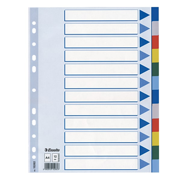 Esselte 15262 Register - blanko, A4, PP, 12-teilig + Deckblatt, farbig