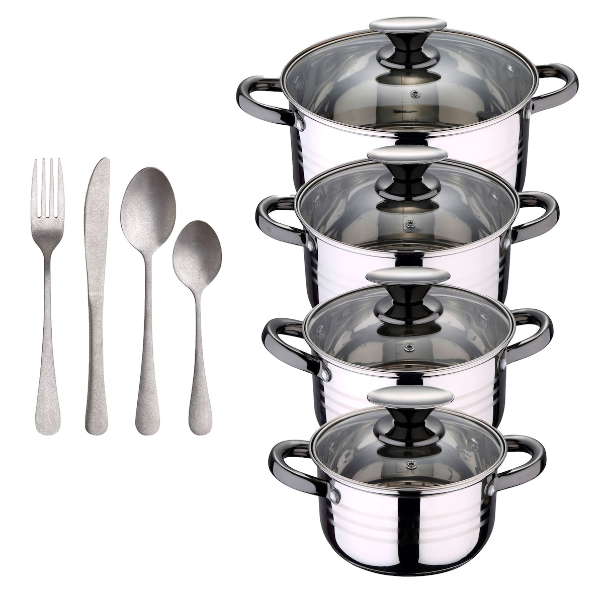 BERGNER - DINA 8-teiliges Kochgeschirr-Set (16/18/20/24cm) aus Edelstahl, induktionsgeeignet, mit einem 16-teiligen Edelstahl-Besteckset