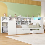 thumbnail of L-förmiges Holz-Plattformbett 90x200 mit Schreibtisch und Bücherregal, platzsparendes Tagesbett, multifunktionales Bettgestell, modernes Design, Weiß