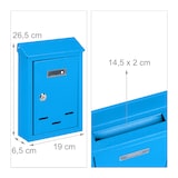 thumbnail of Relaxdays Briefkasten mit Namensschild, aus Metall, mit 2 Schlüsseln, Postkasten schmal, HxBxT: 26,5 x 19 x 6,5 cm, blau