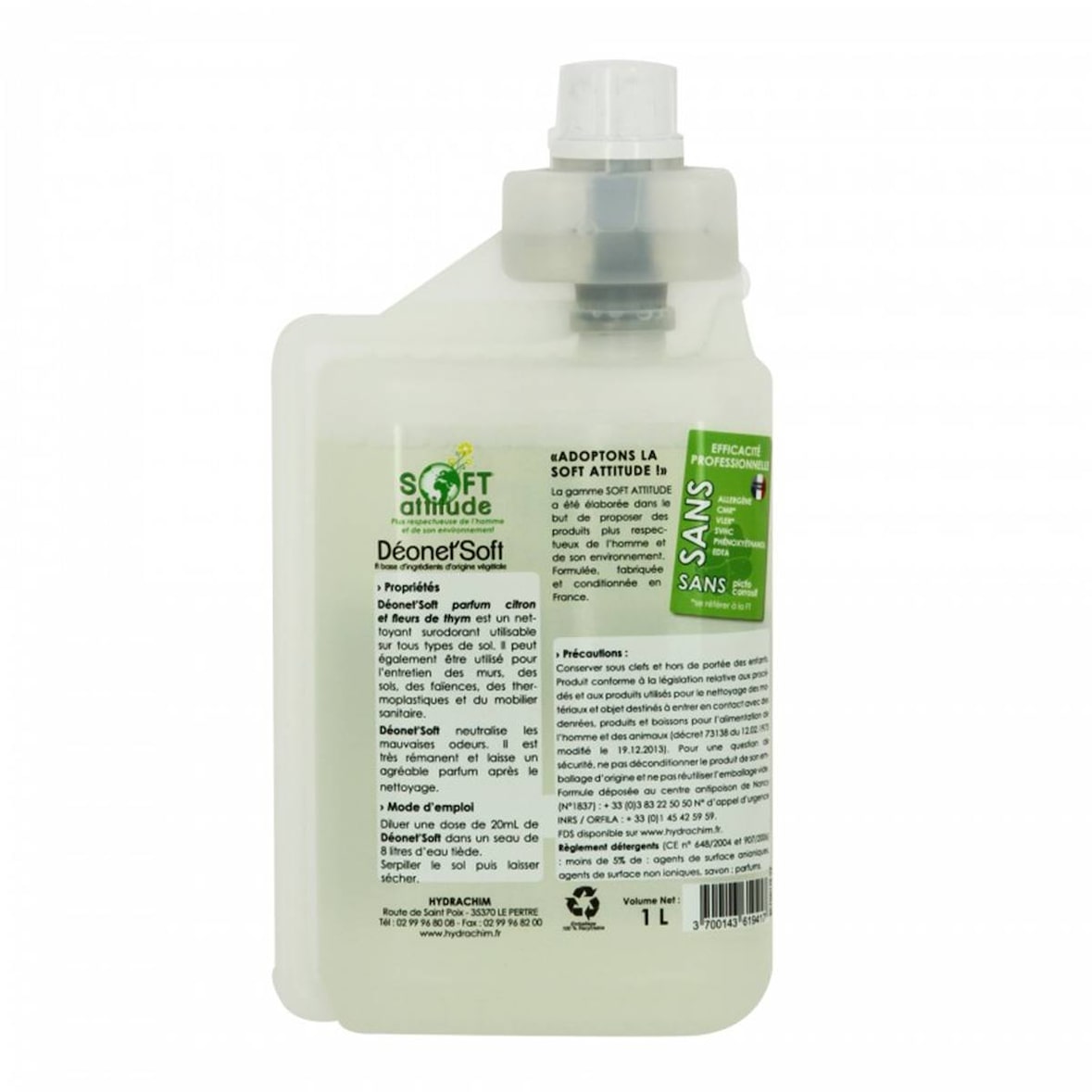 Nettoyant tous types de sols - DEONET'SOFT - Bidon doseur de 1L Fleur d'olivier - SOFT ATTITUDE