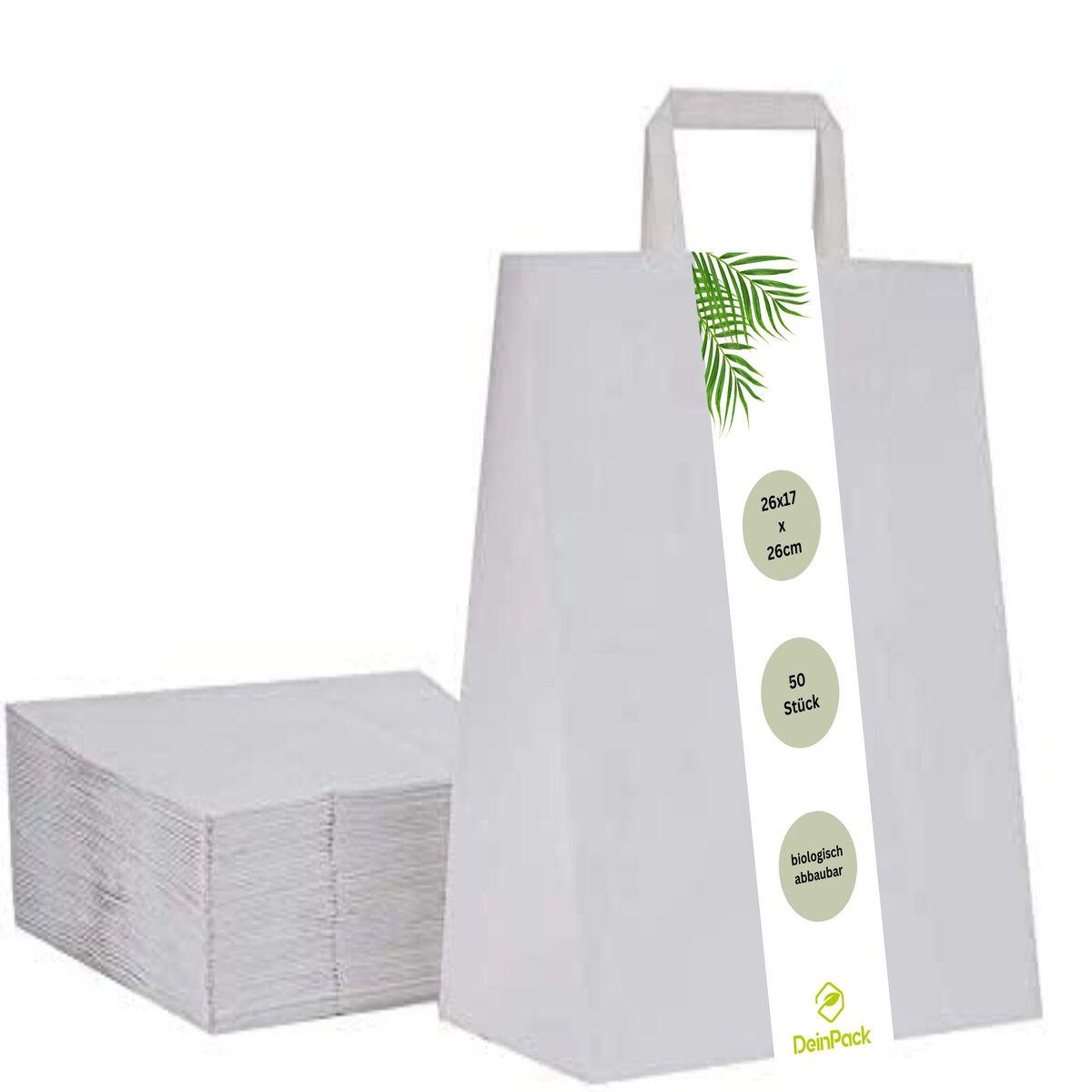 DeinPack Umweltschonende Papier Tragetaschen klein 50 x weiße Papiertragetasche 26 x 17 x 26 cm