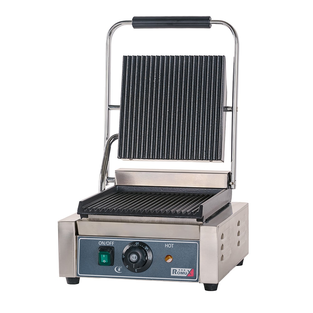 Romux® Piastra Panini Elettrica da 30 cm Singola da Banco in Acciaio Inox con Doppia Superficie Rigata in Ghisa | Grill a Contatto 300° - 1800 W
