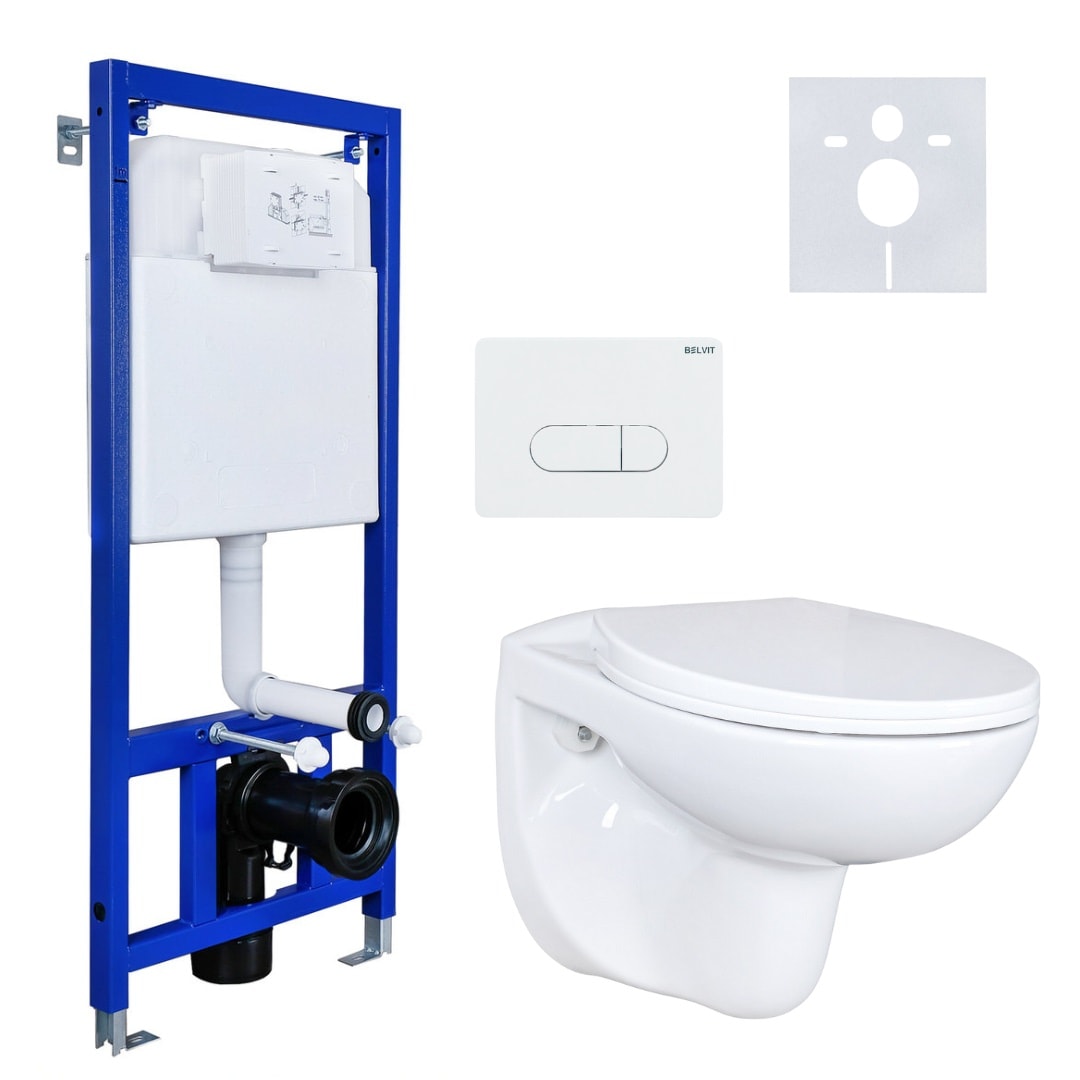 Belvit Komplettset Wand Hänge WC Spülrandlos + Deckel + Vorwandelement + Schallschutz + Betätigungsplatte