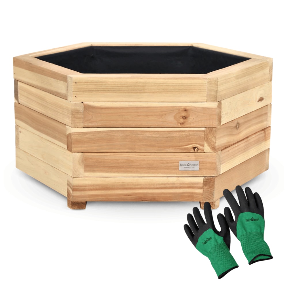 Pflanzkasten Holz 6-eckig MICHA - Inkl. Vlies und Handschuhe | Pflanzkübel Tannenholz Blumenkasten Blumenkübel Blumentopf Terrasse, 54,5cm Breit