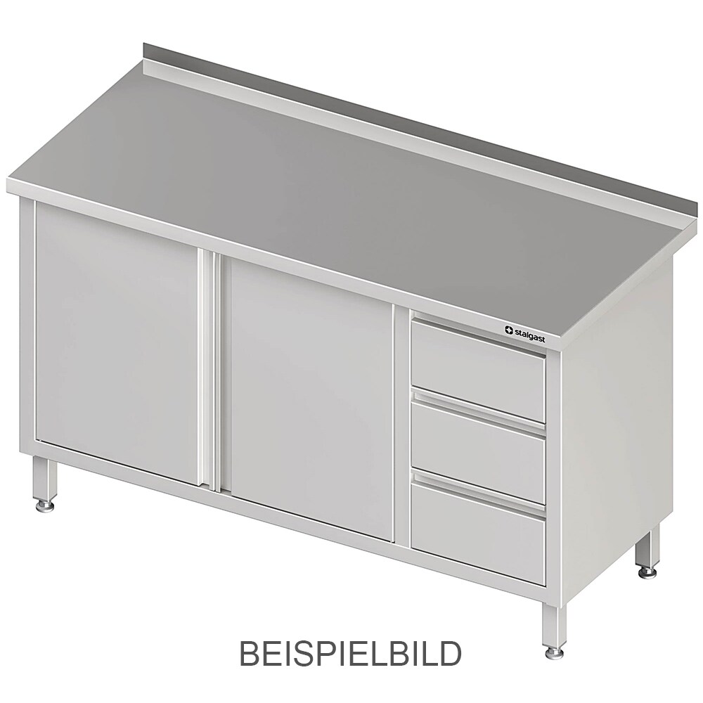 Stalgast Edelstahl Arbeitsschrank mit Flügeltüren, 1900x600x850 mm, mit 3er Schubladenblock links, mit Aufkantung, verschweißt