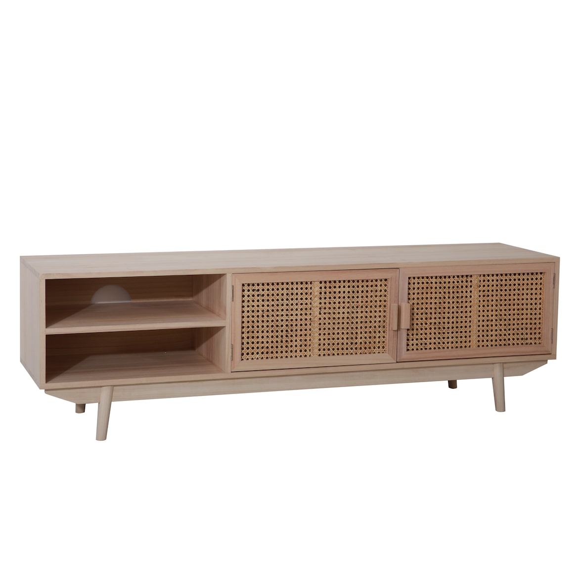 SalesFever Meuble bas TV avec façade en rotin | 2 portes, 2 compartiments ouverts | Corps MDF | Pieds en bois de paulownia | L150xP36xH45cm |nature