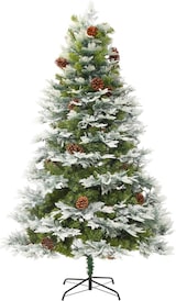 Ein verschneiter Weihnachtsbaum mit Zapfen.
