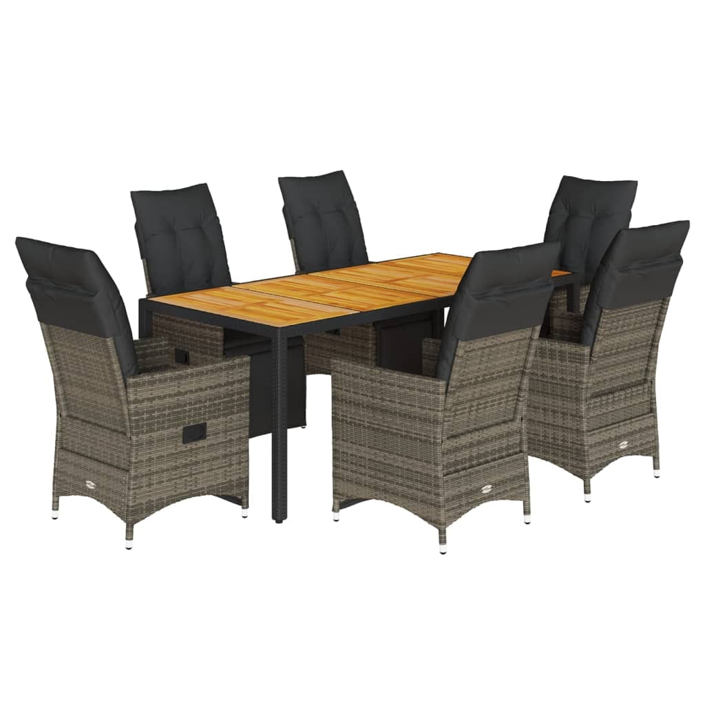 vidaXL 7-tlg. Garten-Bistro-Set mit Kissen Grau Poly Rattan