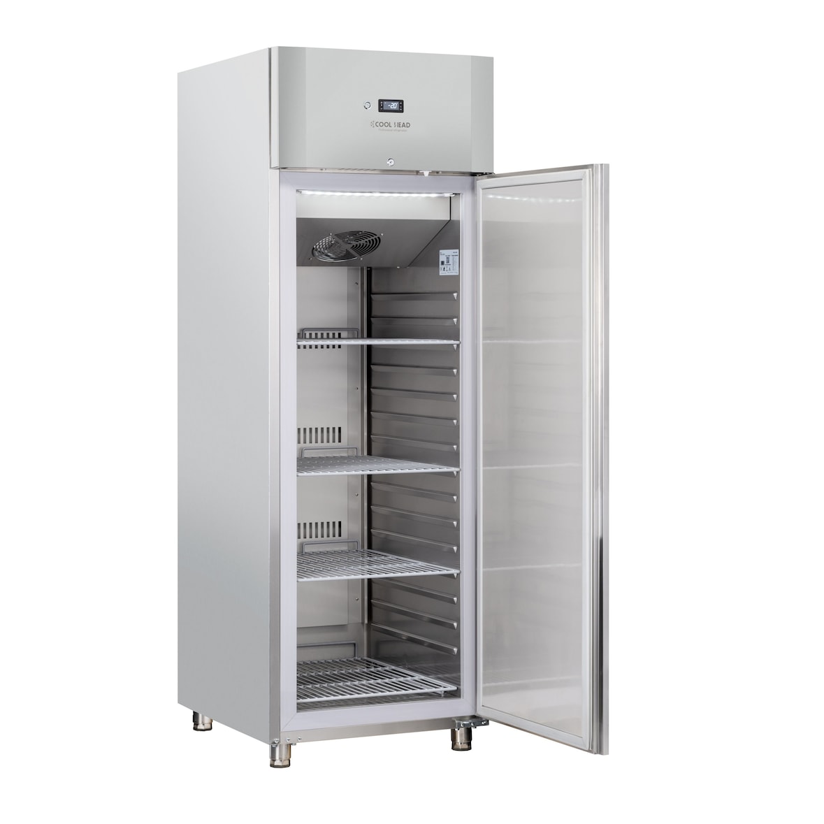 Armadio refrigerato inox 600 litri. Sbrinamento gas caldo. Guide stampate. Temperatura -2°/+8°C. Misure (LxPxH) 70x82,3x204,5 cm. Cool Head QR6