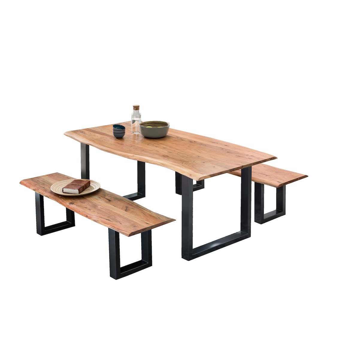 Möbilia Banco 150 cm | crecido con borde de árbol | tapa de acacia 26 mm | marco de acero | natural - negro antiguo