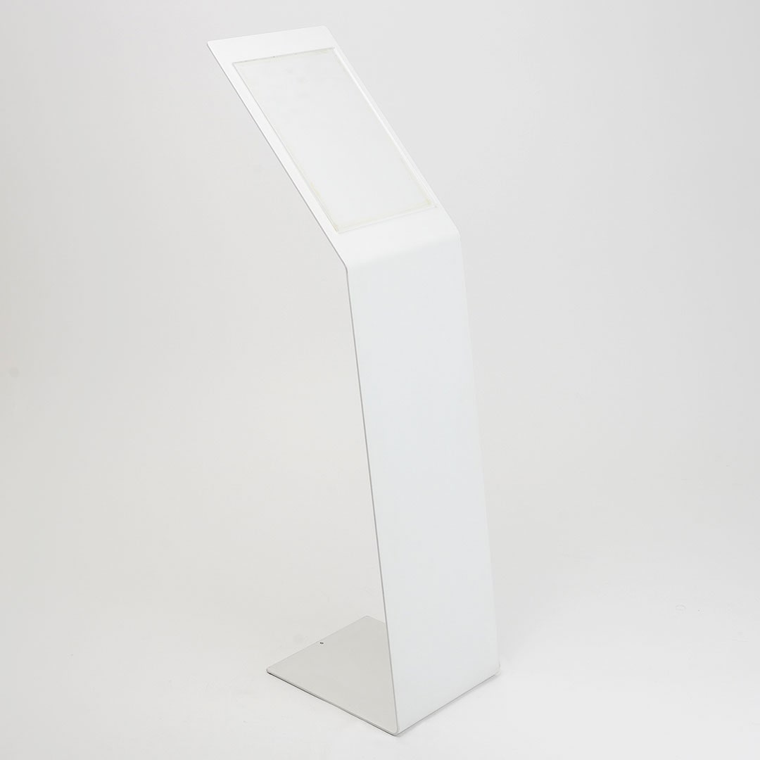 Danieli Store | Expositor publicitario de pie con atril con bolsillo tamaño A4 Vertical | Soporte de metal blanco con base en forma de L