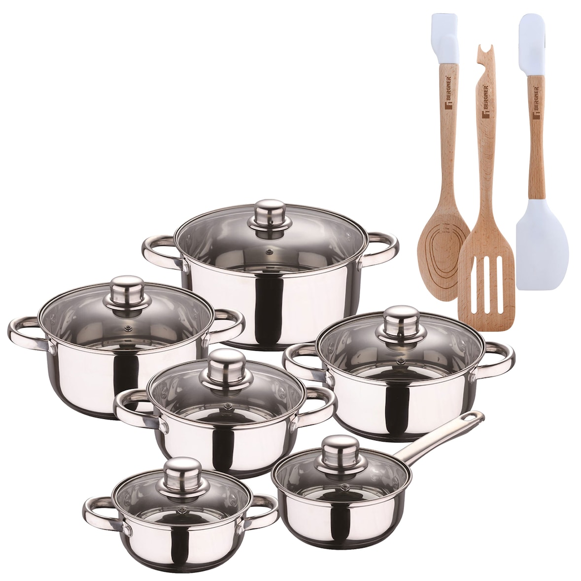 BERGNER - Batería de cocina Cassel 12pcs Acero inoxidable apto para Inducción con Juego de 3 utensilios de cocina en silicona y madera