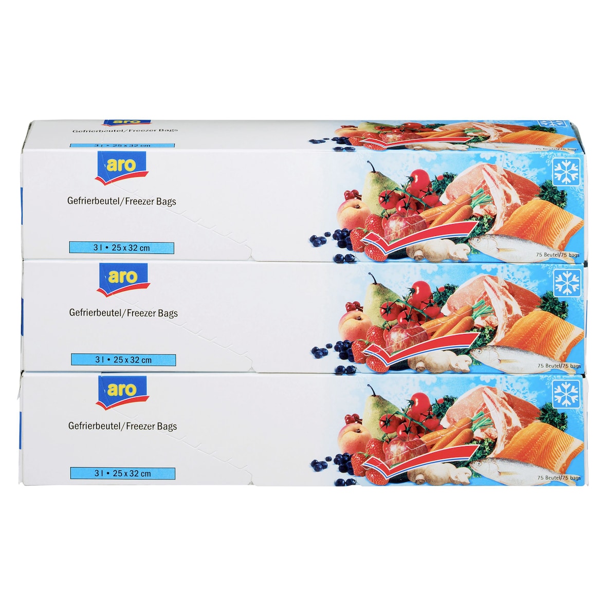 aro Bolsas de congelación, 25 x 32 cm, 3 litros, 75 unidades por rollo, 3 x rollos