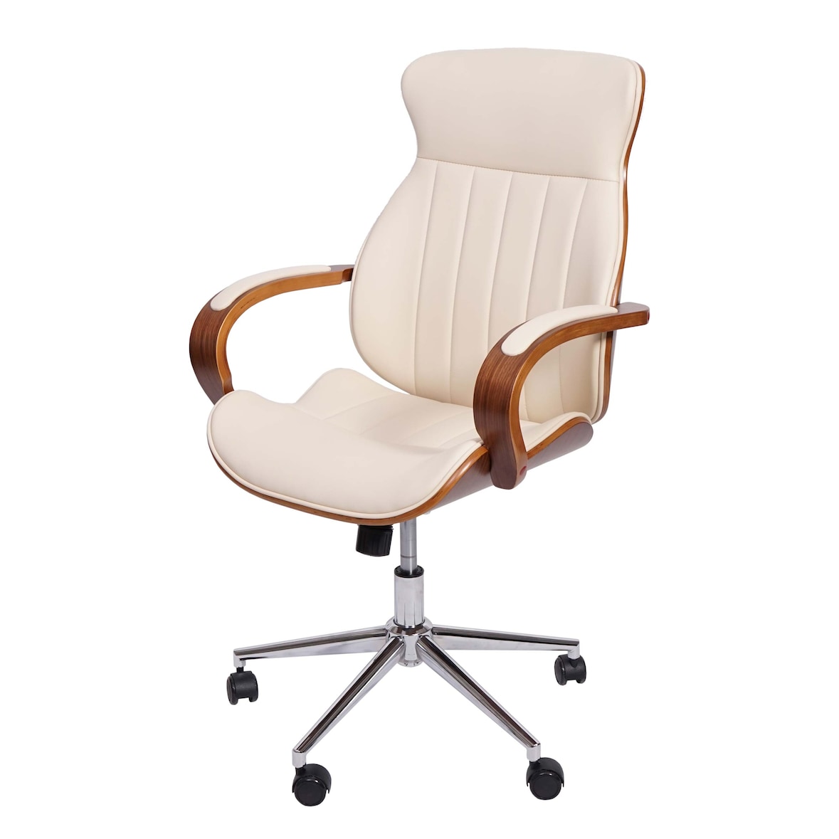 Sedia da ufficio HWC-H39, sedia da scrivania girevole sedia direzionale, legno di noce similpelle ~ crema