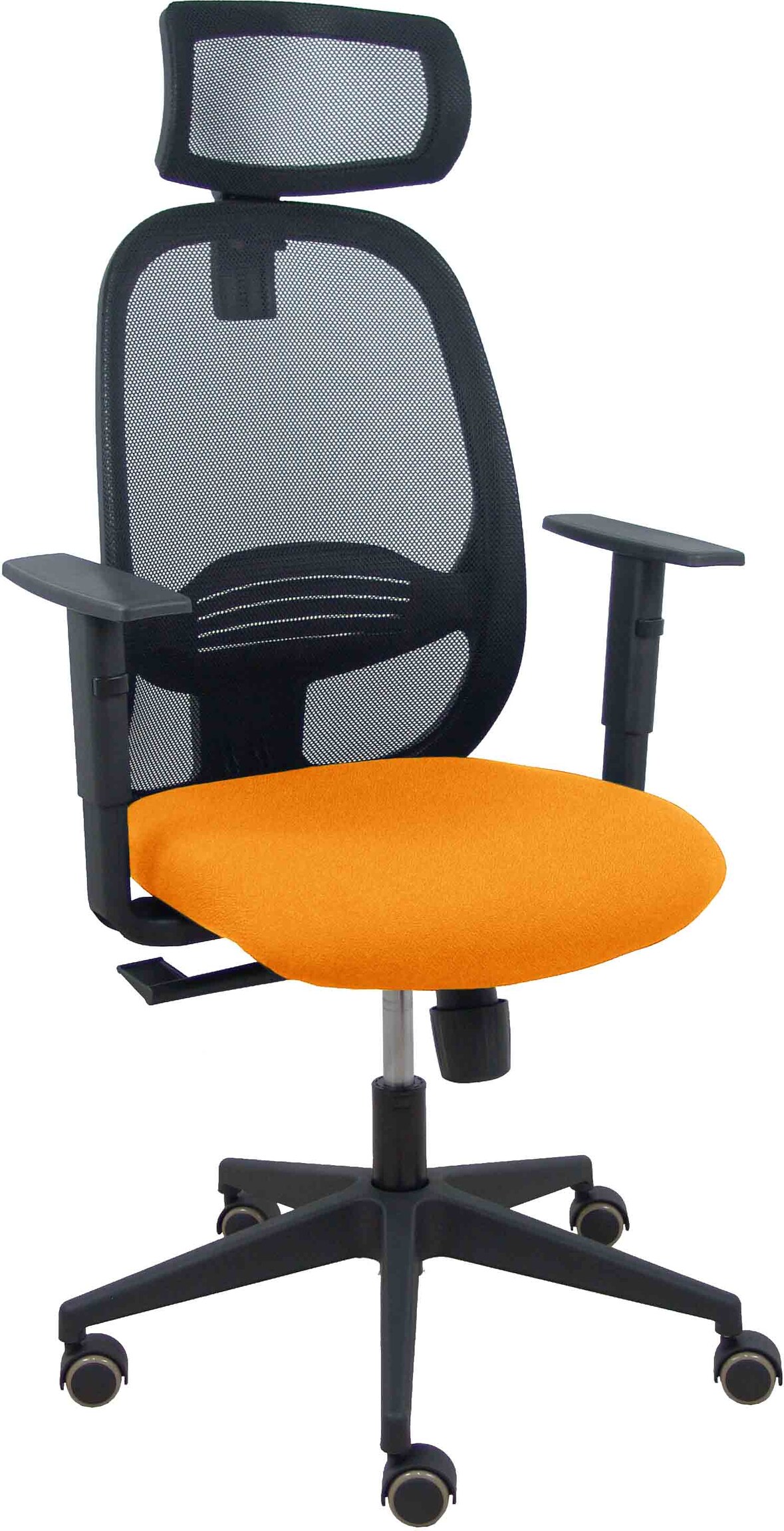 Silla Cilanco negra malla negra asiento bali naranja brazo regulable cabecero regulable