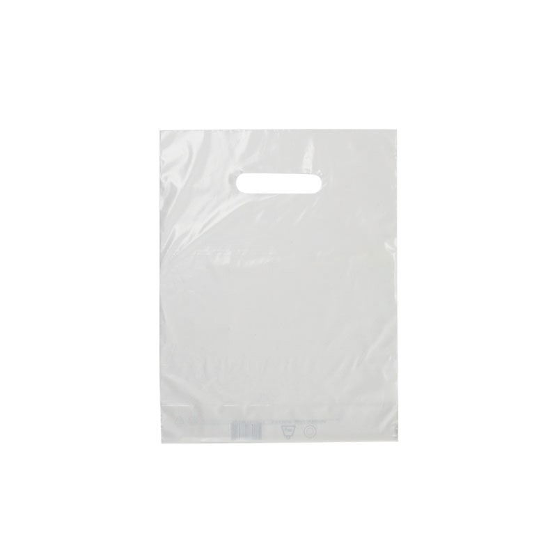 Bolsa de plástico blanca con asas recortadas de PEBD reciclado 25 x 32 + 4 cm por 1000 - Gimex
