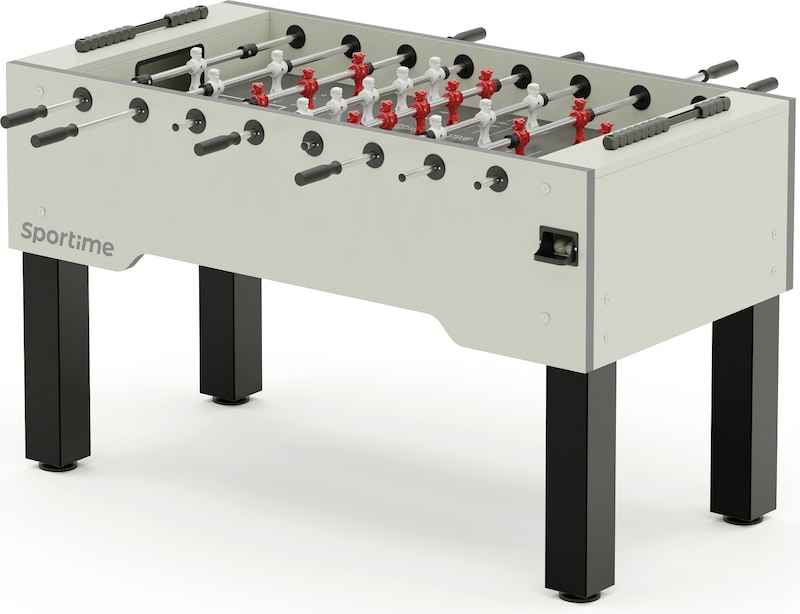 Ein weißer Tischfußballtisch mit schwarzen Beinen.