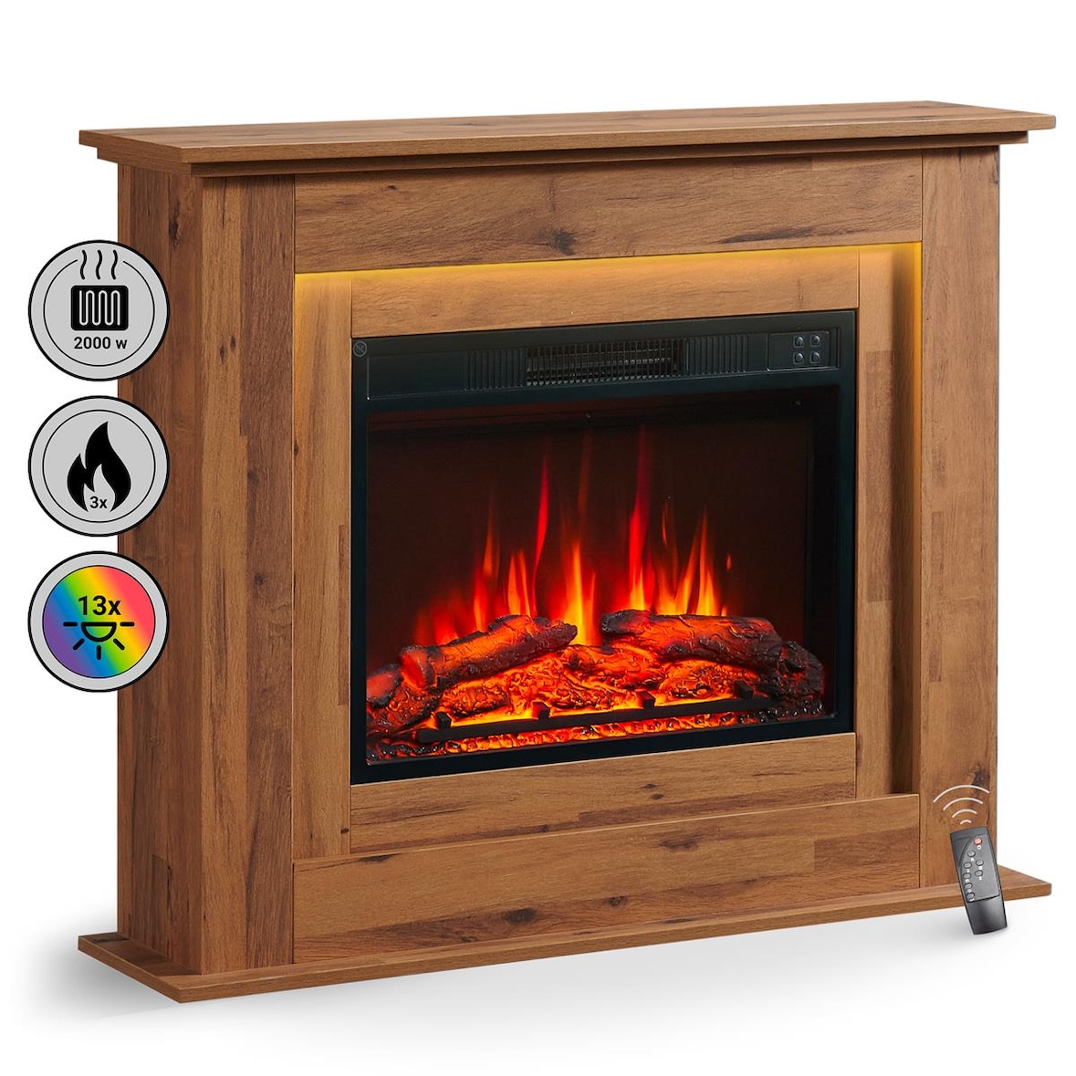 BALDERIA Finn camino elettrico da pavimento, effetto fiamma LED, riscaldamento, rovere scuro