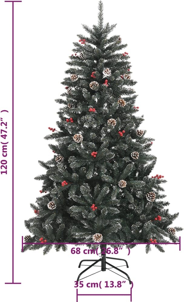 Ein künstlicher Weihnachtsbaum mit Zapfen und Beeren.