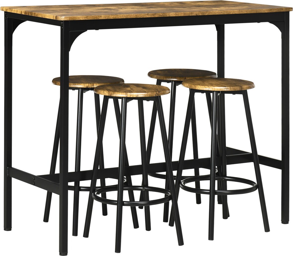 Bartisch Set 110x50x90 cm mit 4 Barhockern Industrystil Braun+Schwarz, platzsparend mit Fußstütze, Metallgestell und MDF Tischplatte