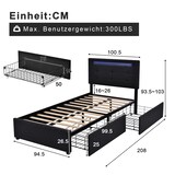 thumbnail of Bett 90x200 LED-Beleuchtung höhenverstellbares Kopfteil 2 Schubladen Stauraum modernes Design Leinen Schwarz