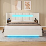 thumbnail of Merax Polsterbett 180x200 cm mit LED & Stauraum, Doppelbett mit hydraulischem Bettkasten, USB-Anschluss, breitem Kopfteil & Lattenrost, Samt, Beige