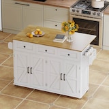thumbnail of Kücheninsel Weiß-Natur 140x70x91 cm mit klappbarer Arbeitsplatte, 4 Türen, 3 Schubladen, Handtuchhaltern und 360-Grad-feststellbaren Rollen