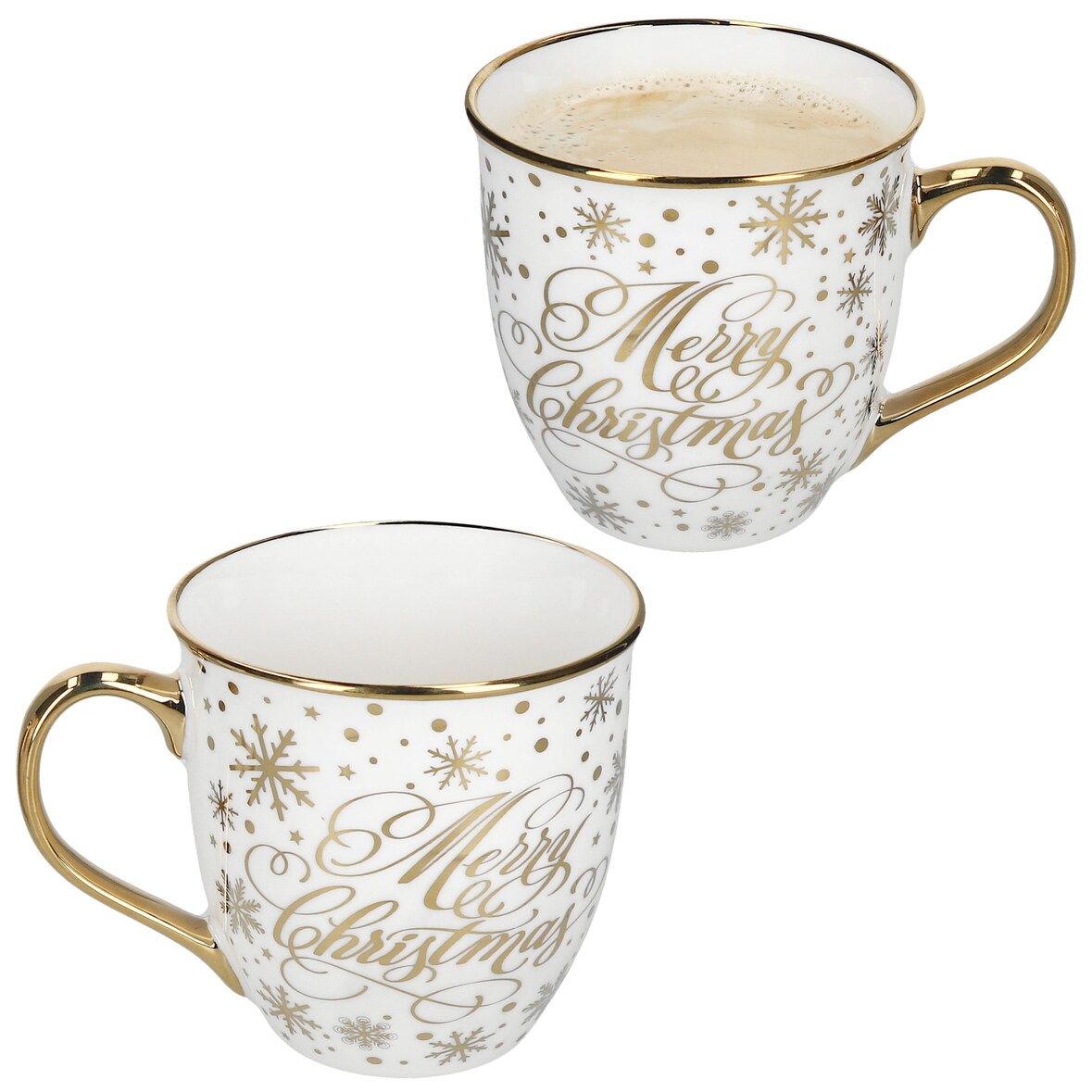 2er Set Jumbobecher 450 ml Porzellan Merry Christmas Weiß Gold Tee-Tasse Kaffee