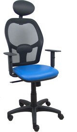 thumbnail of Cadeira Alocén em rede preta com assento em couro ecológico azul e apoios de braços reguláveis apoio de cabeça fixo