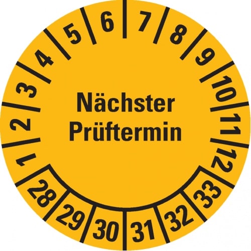 Dreifke® Prüfplakette Nächster Prüftermin, 28-33, gelb, Folie, ablösbar, Ø 25mm, 500 Stk.