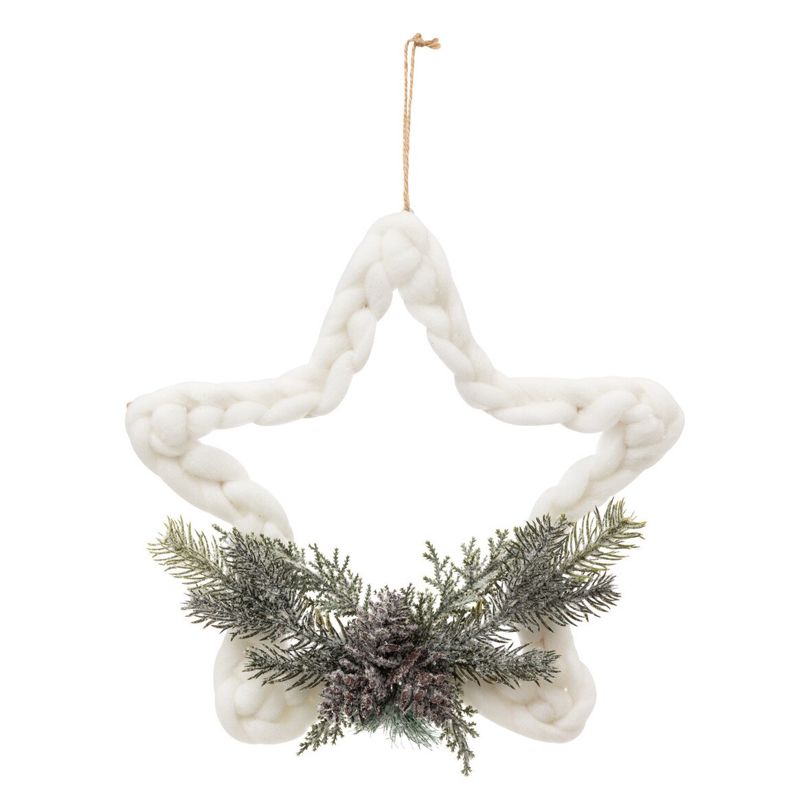 Suspension de Noël Etoile en Laine tressée Branches et Pommes de Pin H 30 cm