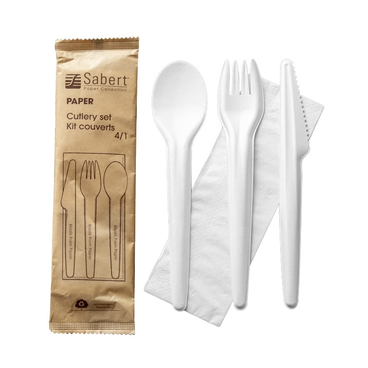 MONOUSO - Besteckset aus Kraftpapier Messer, Gabel, Löffel und Serviette (300 Stück)