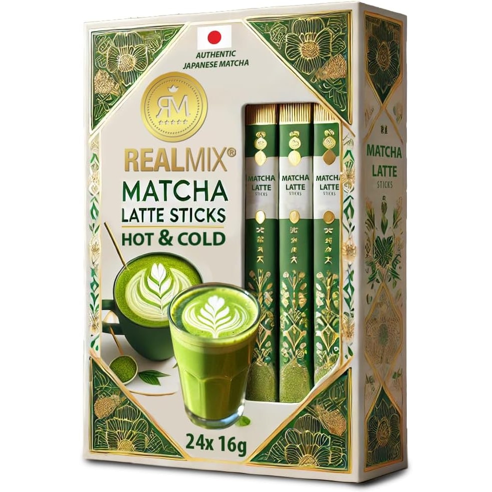 REALMIX Matcha Japonais Authentique – Latte Sticks Onctueux, Thé Vert, 24 Sticks de 16g, Boisson Instantanée Chaude ou Glacée