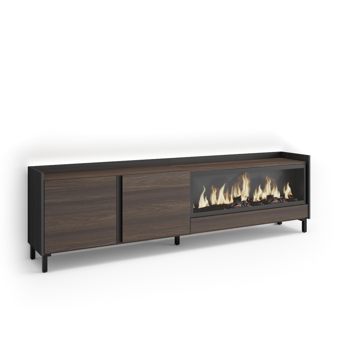 TV-Schrank, Lowboard, 212x61x35 cm, Für TV-Geräte bis zu 80", Elektrokamin XXL, Industriedesign, LED, Dunkler Eiche und Schwarz