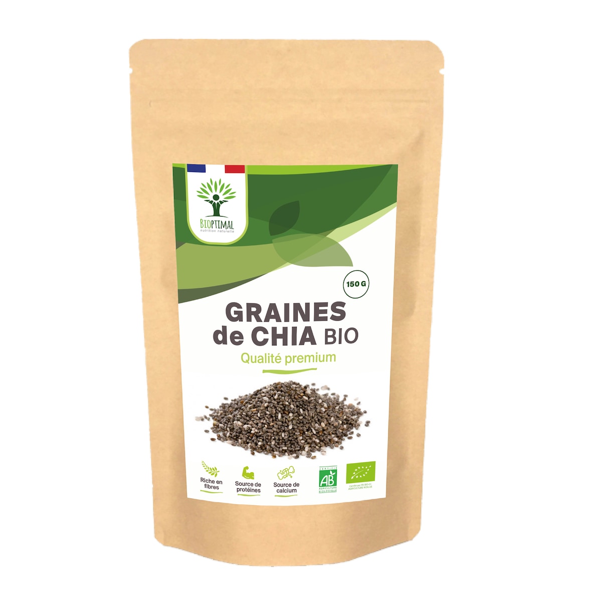 Graines de Chia Bio - Protéines Fibres Calcium - 100% Graines de Chia Crue - Qualité Premium - Conditionné en France - Certifié par Ecocert - 150g