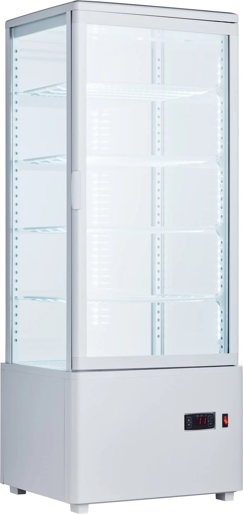 Getränke- und Gebäck-Kühlvitrine 98 Liter 4-seitig verglast weiß +2/+10 °C 44,7x40x111,9h cm